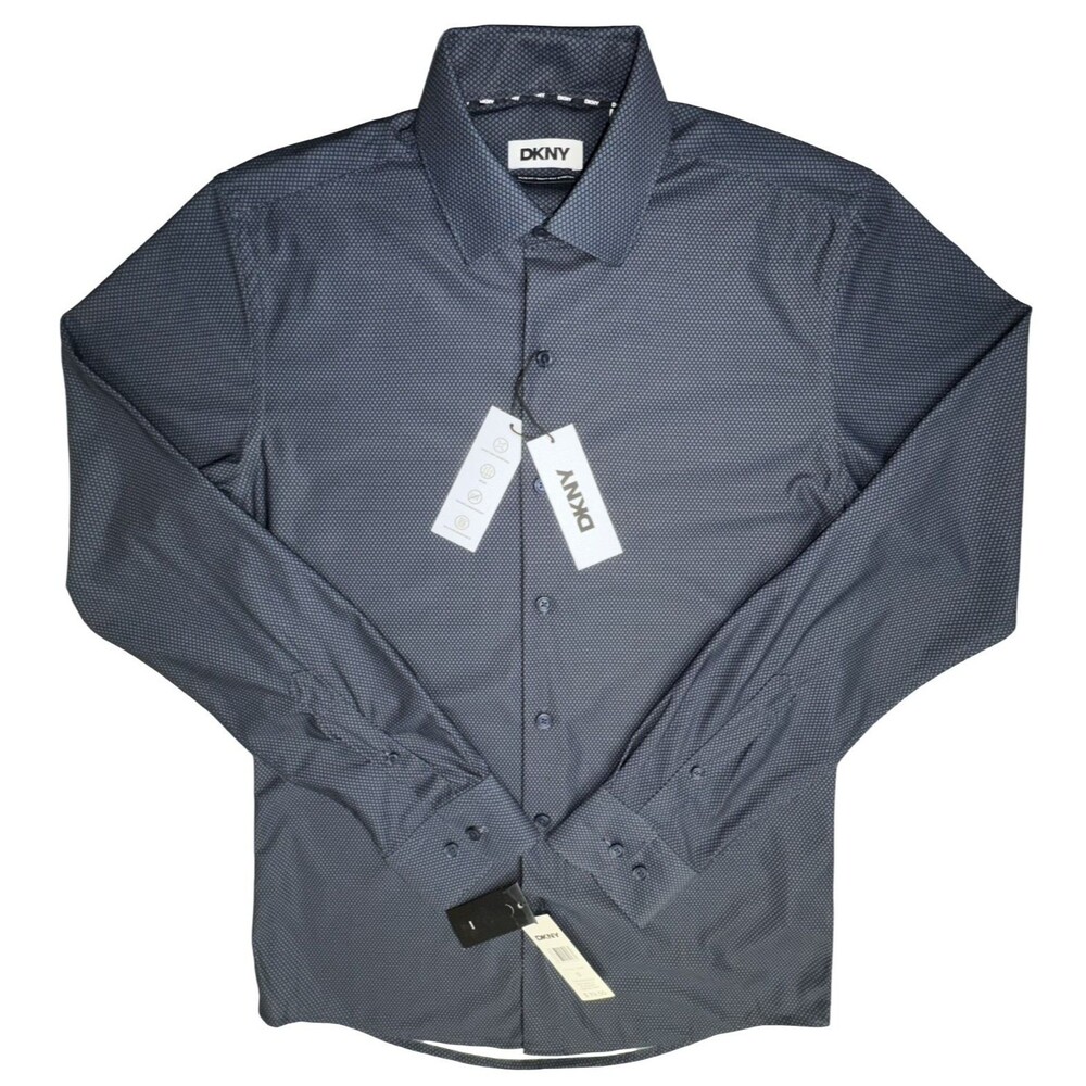 DKNY Mens Small Button Up Shirt Long Sleeve Navy Blue Wicking Wrinkle Resist New